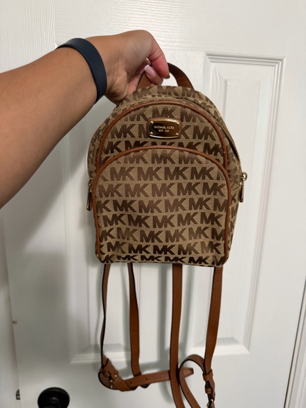 Michael Kors Tan and Brown MK Signature Mini Backpack